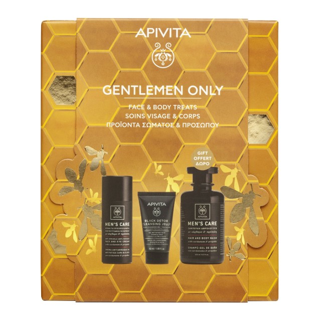 APIVITA - Promo Gentlmen Only Κρέμα Προσώπου & Ματιών Κατά των Ρυτίδων και της Κούρασης 50ml & Mini Μαύρο Gel Καθαρισμού Προσώπου 50ml & ΔΩΡO Mens Care Σαμπουάν - Αφρόλουτρο 250ml