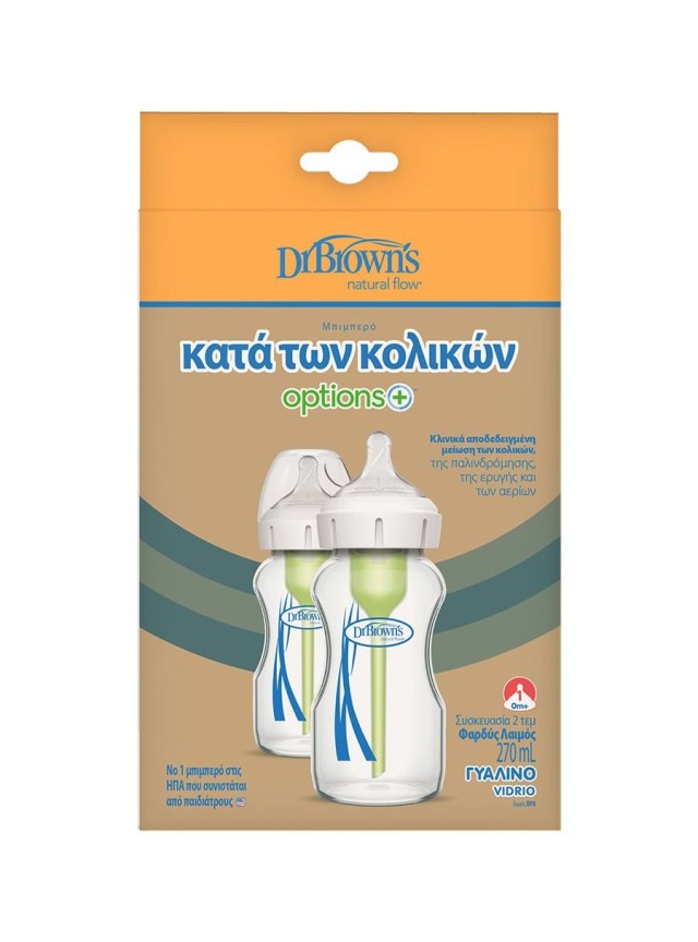 DR. BROWNS - Options+ Γυάλινο Μπιμπερό με Φαρδύ Λαιμό 2τμχ 270ml