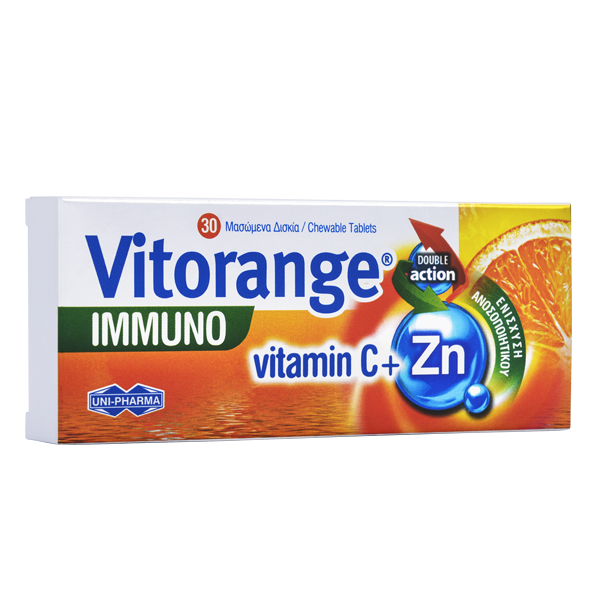 UNI-PHARMA - Vitorange Immuno Vitamin C & Zinc, Συμπλήρωμα Διατροφής με Βιταμίνη C & Ψευδάργυρο 30 μασώμενα δισκία