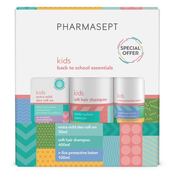 PHARMASEPT - Promo Back To School Kids X-Lice Protective Lotion 100ml, Kids Soft Hair Shampoo 400ml, Kids Extra Mild Deo Roll-On 50ml