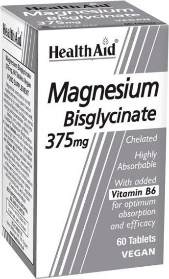 HEALTH AID -  Magnesium Bisglycinate 375mg Συμπλήρωμα Διατροφής με Μαγνήσιο Δισγλυγινικό & Βιταμίνη Β6 για Υγιές Κυκλοφορικό & Μυικό Σύστημα 60 Ταμπλέτες