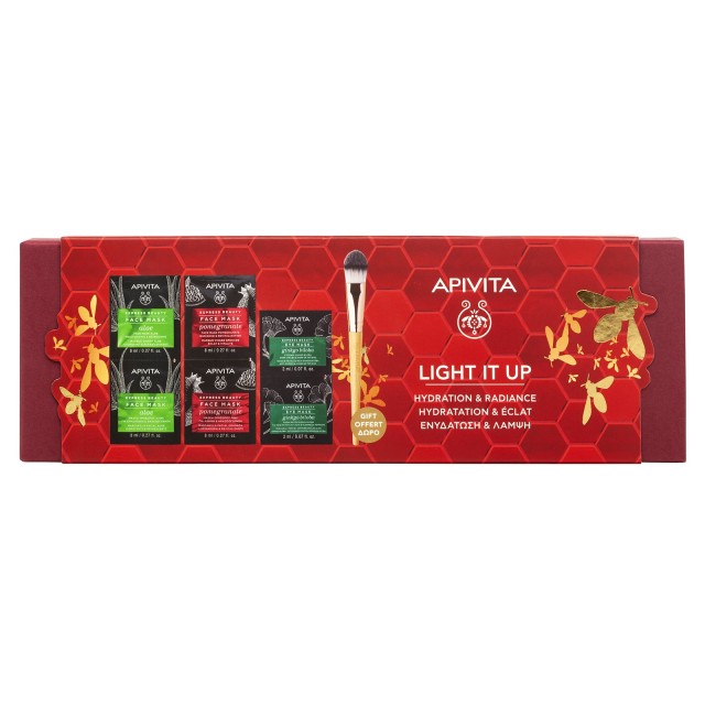 APIVITA - Promo Light It Up Express Μάσκα Προσώπου Αλόη 2x8ml & Μάσκα Προσώπου Ρόδι 2x8ml & Μάσκα Ματιών Ginkgo Biloba 2x8ml & ΔΩΡΟ Πινέλο Εφαρμογής Μάσκας Προσώπου