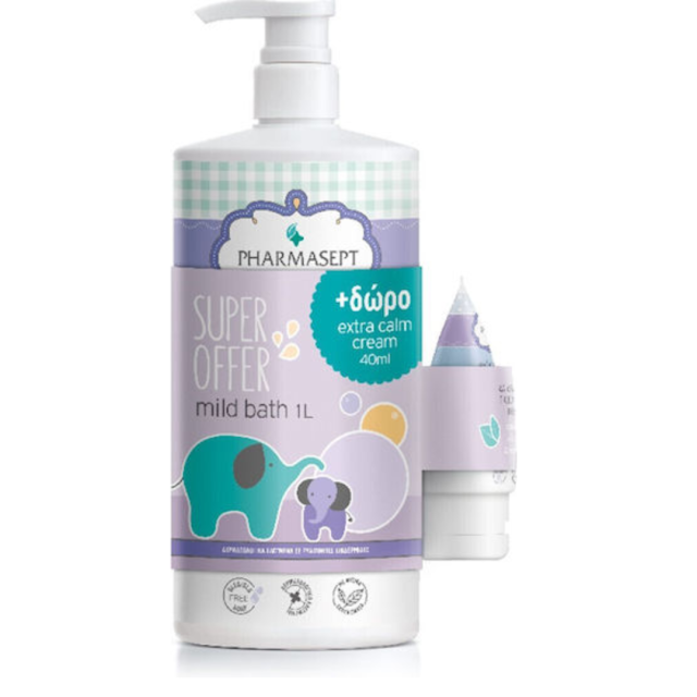 PHARMASEPT - Baby Care Tol Velvet Mild Bath Απαλό παιδικό Αφρόλουτρο για Σώμα και Μαλλιά 1Lt Mini Size Extra Calm Cream 40ml