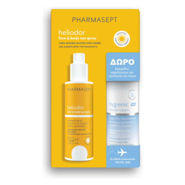 PHARMASEPT - Promo Heliodor Face & Body Sun Spray SPF50 - Αντηλιακό Spray Προσώπου & Σώματος 165g & Hygienic Shower Cream Κρεμώδες Αφρόλουτρο, 100ml